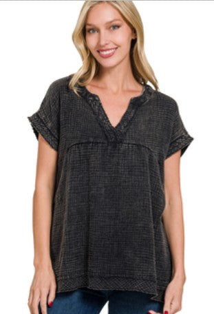 Washed Double Gauze Raw Edge Short Sleeve Shirt