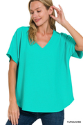 Zenana- Woven Airflow V-neck Short Sleeve Top