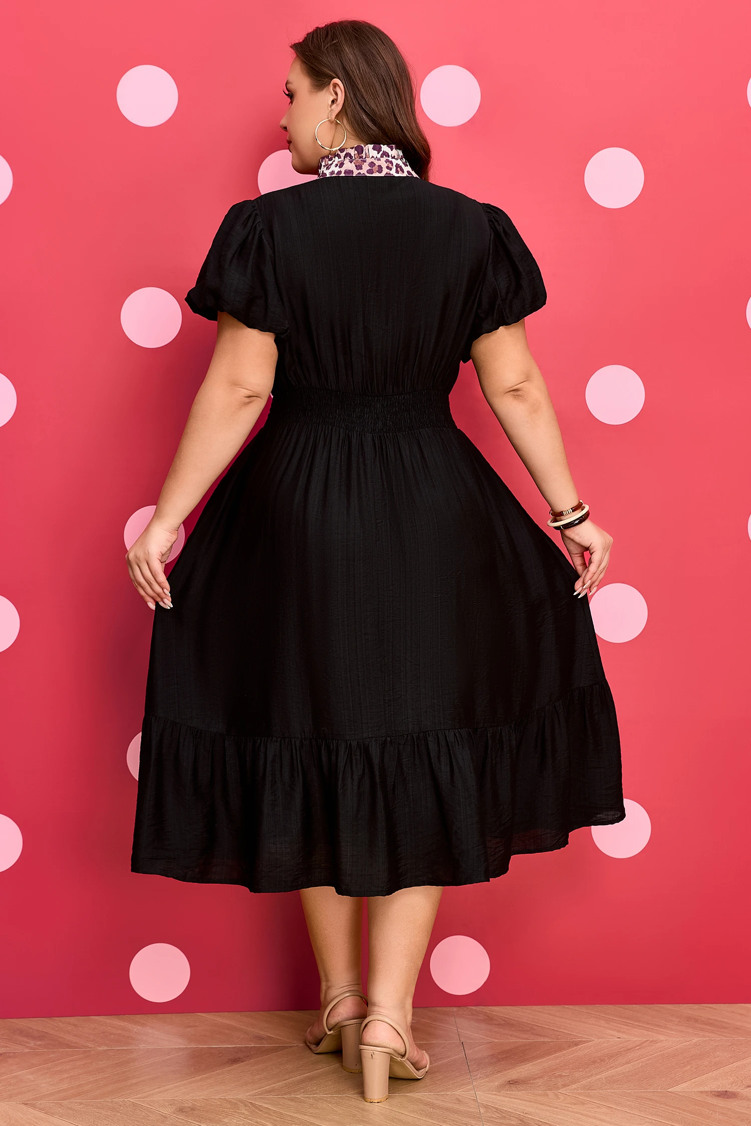 Black Leopard V Neck Patchwork Smocked Waist Plus - Size Ruffled Dress – Ready to ship 5/14/2026