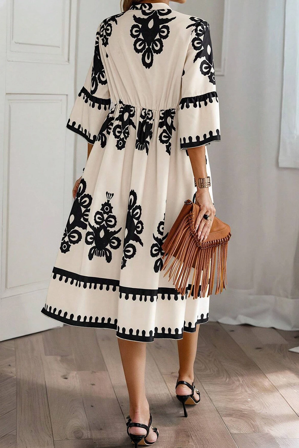 Beige Western Geometric Print 3/4 Sleeve Loose Midi Dress- Ready to ship 5/14/2026