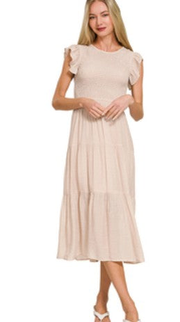 Woven Smocked Ruffle Sleeve Dress
