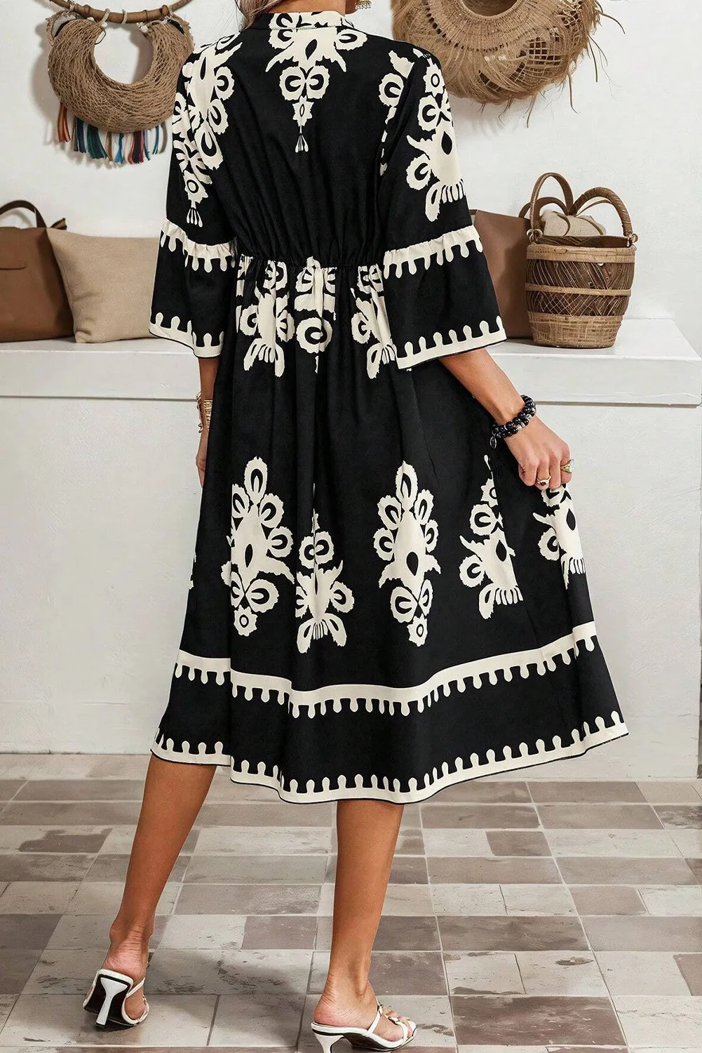 Black Western Geometric Print 3/4 Sleeve Loose Midi Dress (Ready to ship 5/14/26)