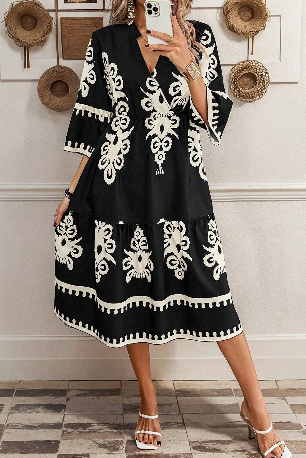 Black Western Geometric Print 3/4 Sleeve Loose Midi Dress (Ready to ship 5/14/26)