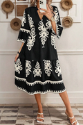 Black Western Geometric Print 3/4 Sleeve Loose Midi Dress (Ready to ship 5/14/26)