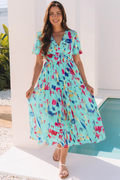Sky Blue Abstract Print Short Puff Sleeve Tiered Maxi Dress- Ready 5/14/2026