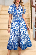 Blue Floral Puff Short Sleeve V Neck High Waist Maxi Dress (Ready to ship 5/14/26)