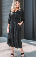 Black Flounced Bracelet Sleeve V Neck Tiered Maxi Dress