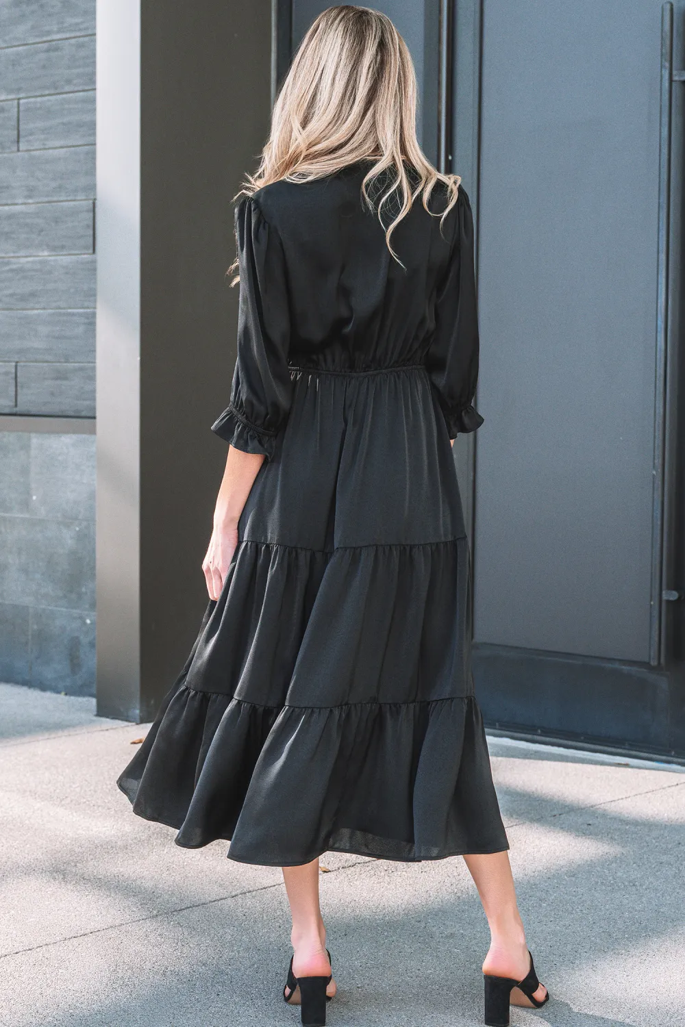 Black Flounced Bracelet Sleeve V Neck Tiered Maxi Dress