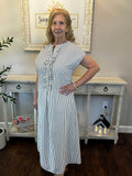 Black Stripe Frilled Detail Half Buttons Short Sleeve Long Dress