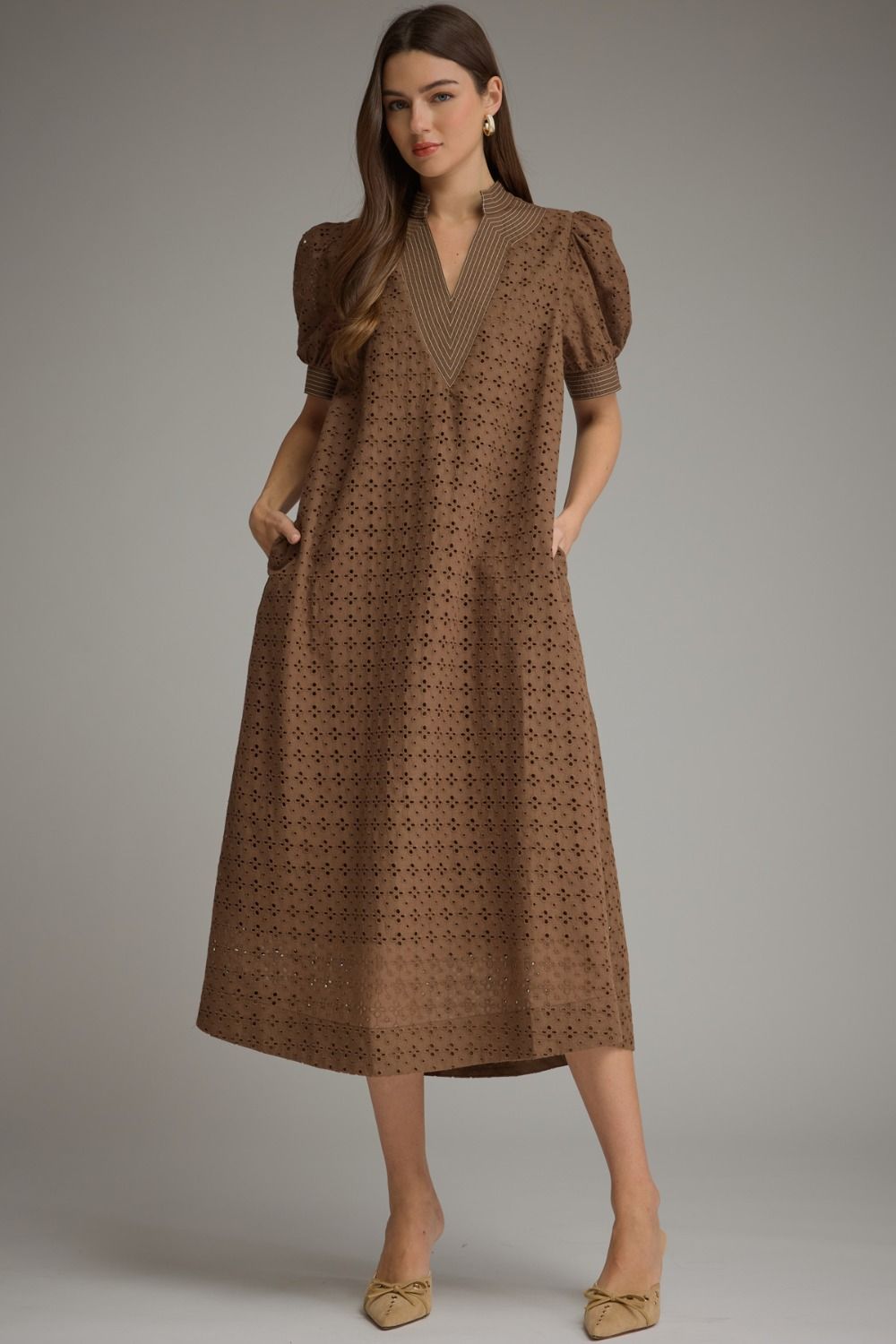 ENTRO Brown Eyelet Midi Dress (Ready To Ship 9/30/26)