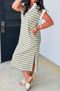 Green Stripe Collared V Neck Short Sleeve T Shirt Midi Dress with Pockets
