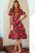 Floral Print with orange Striped Trim Split Neck Short Puff Sleeve Ruffle Hem Maxi Dress