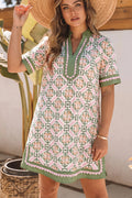 Multicolor Boho Geometric Flower Print Short Sleeve Loose Mini Dress