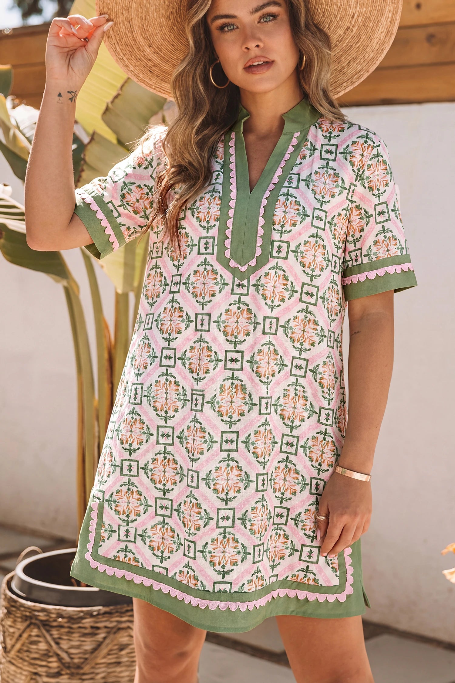 Multicolor Boho Geometric Flower Print Short Sleeve Loose Mini Dress