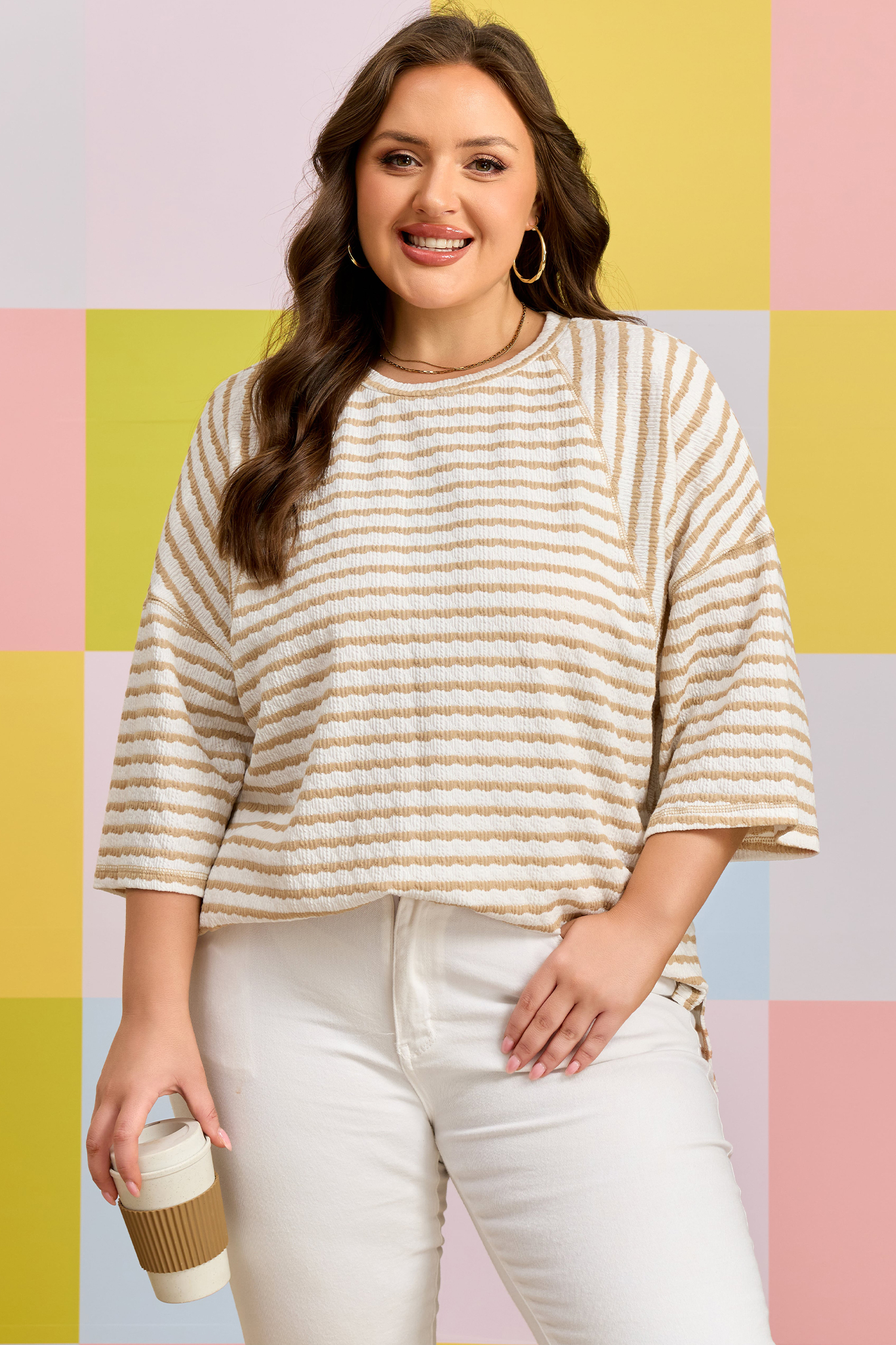 Apricot Stripe Plus Size Textured Patchwork Detail Half Sleeve Top (Ready to ship 5/14/26)