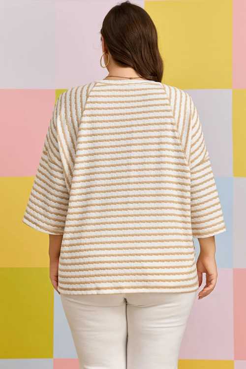 Apricot Stripe Plus Size Textured Patchwork Detail Half Sleeve Top (Ready to ship 5/14/26)