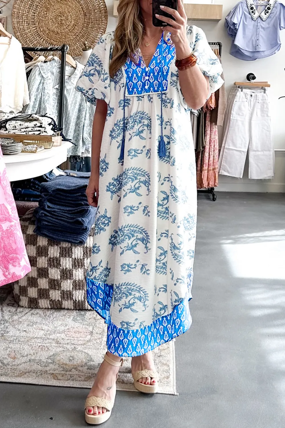 Sky Blue Plus Size Floral Print Contrast Boho Patchwork V Neck Loose Midi Dress (Ready to ship 5/14/26)