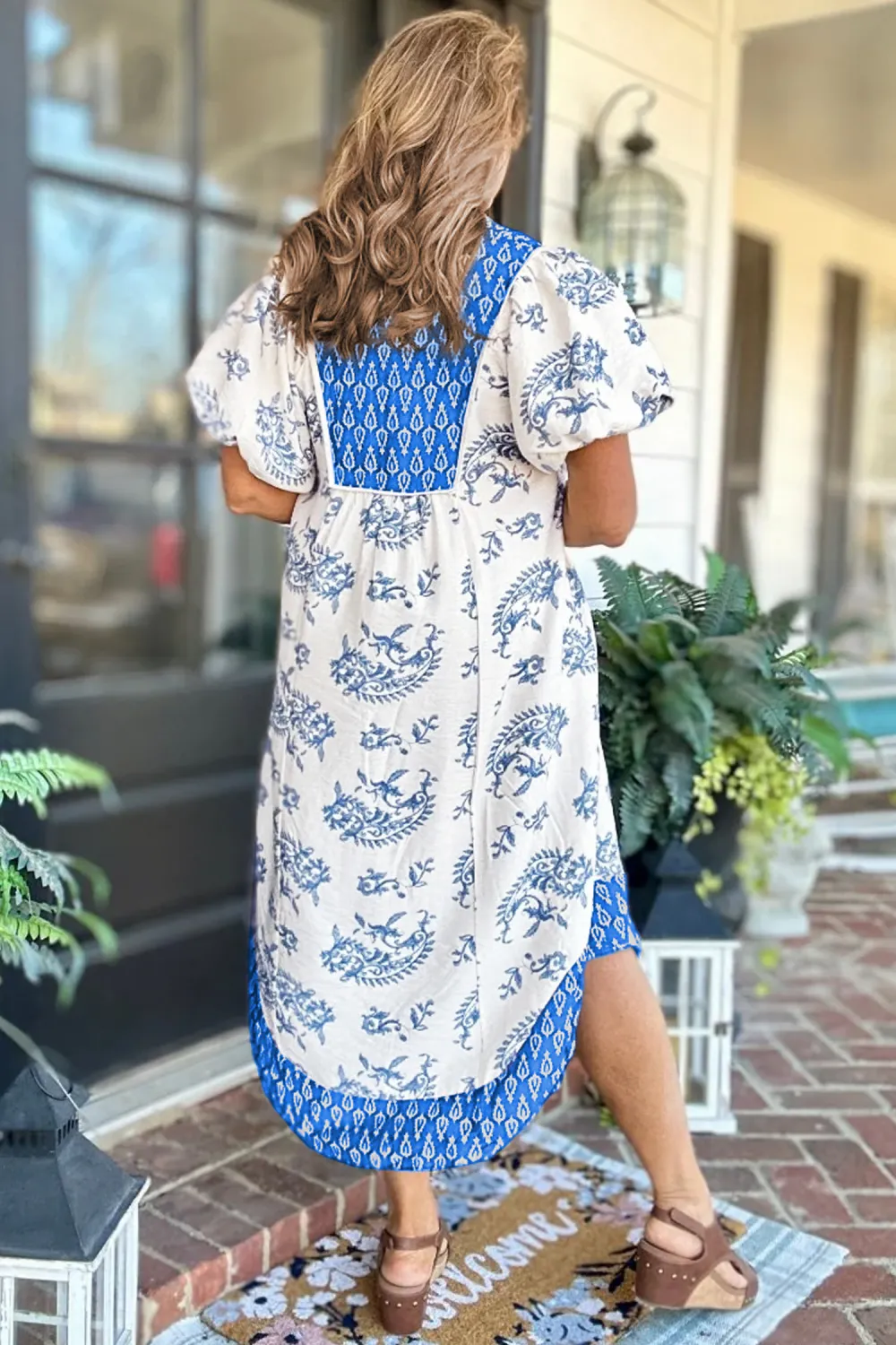 Sky Blue Plus Size Floral Print Contrast Boho Patchwork V Neck Loose Midi Dress (Ready to ship 5/14/26)