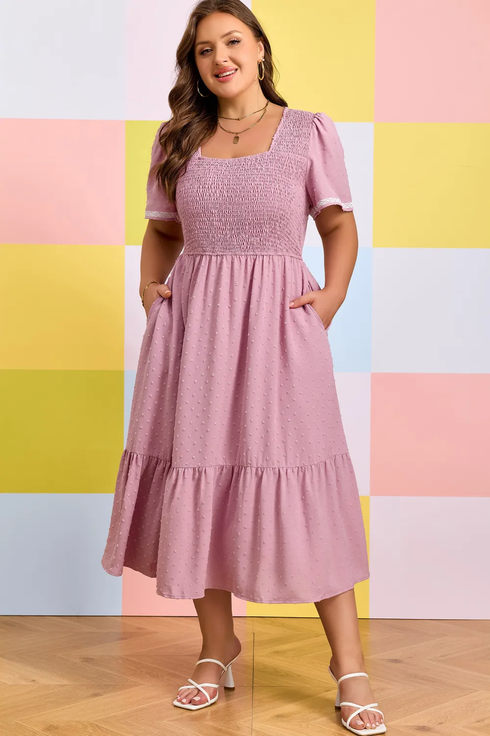 Pink Plus Size Swiss Dot Short Sleeve Smocked High Waist Flowy Midi Dress (Ready To Ship 5/14/26)