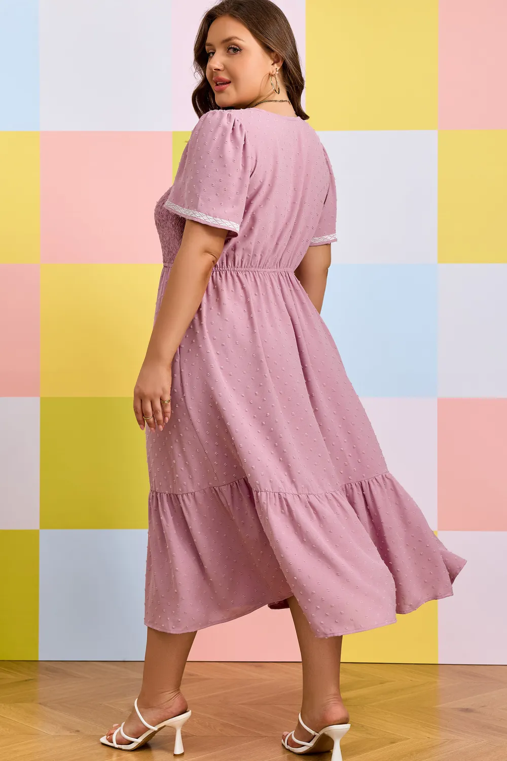Pink Plus Size Swiss Dot Short Sleeve Smocked High Waist Flowy Midi Dress (Ready To Ship 5/14/26)