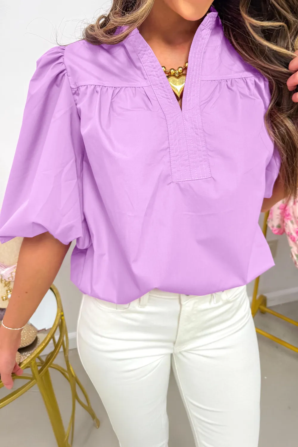 Lavender - Stitched Detail V Neck Puffy Half Sleeve Blouse (Ready To Ship 5/14/26)