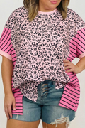 Pink Leopard Striped Contrast Patchwork Plus Size Tee (Ready To ship 5/14/26)