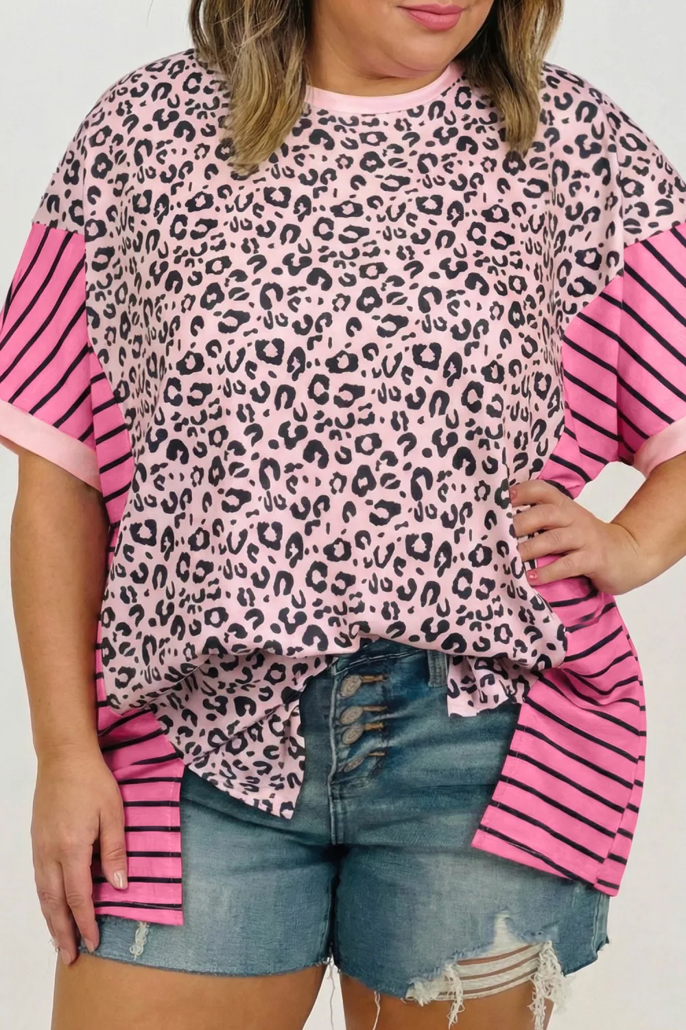 Pink Leopard Striped Contrast Patchwork Plus Size Tee (Ready To ship 5/14/26)
