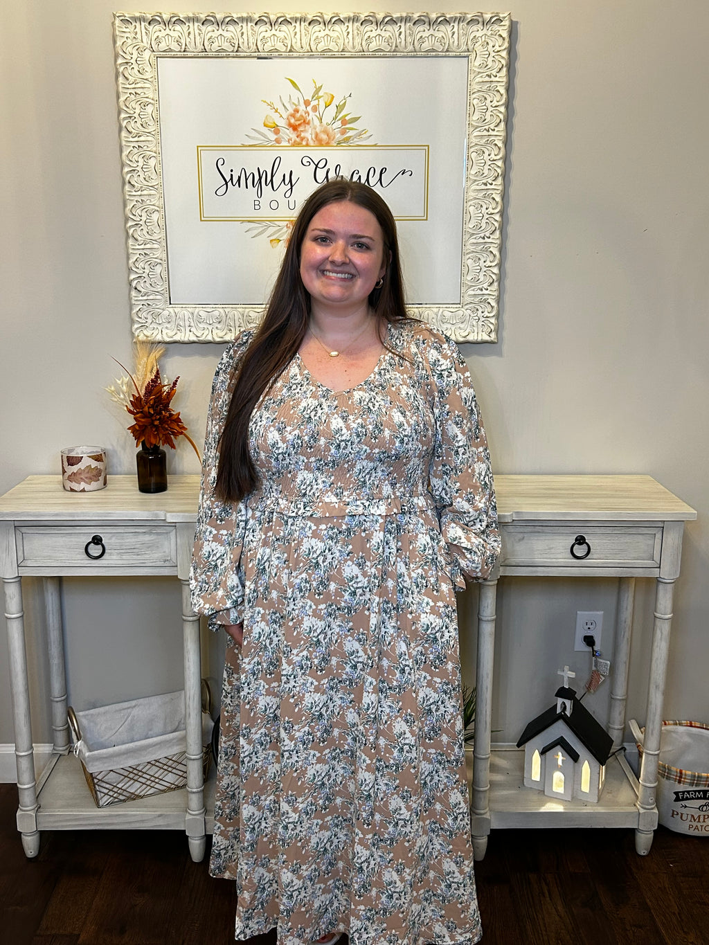 Khaki Maple Grove Floral Smocked Puff Sleeve Long Dress