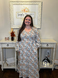 Khaki Maple Grove Floral Smocked Puff Sleeve Long Dress