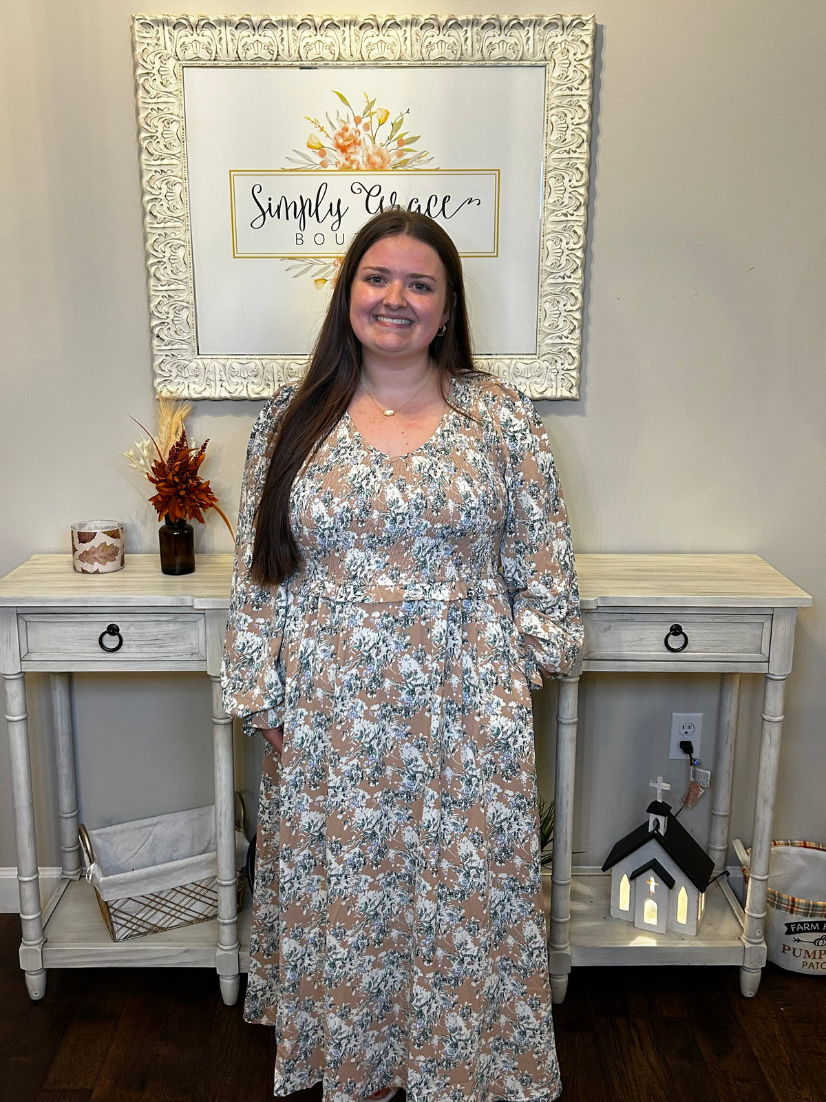 Khaki Maple Grove Floral Smocked Puff Sleeve Long Dress