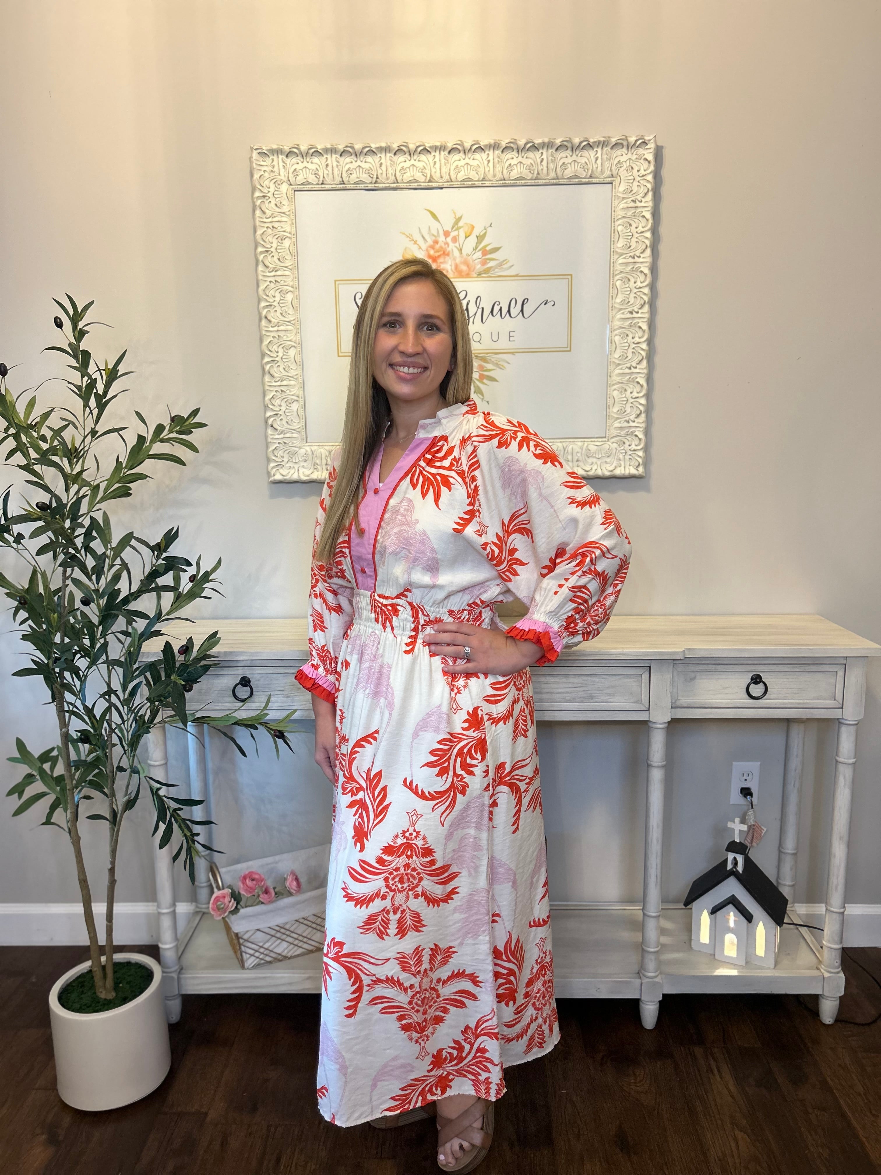 umgee-Tropical Print Button Detail Midi Dress