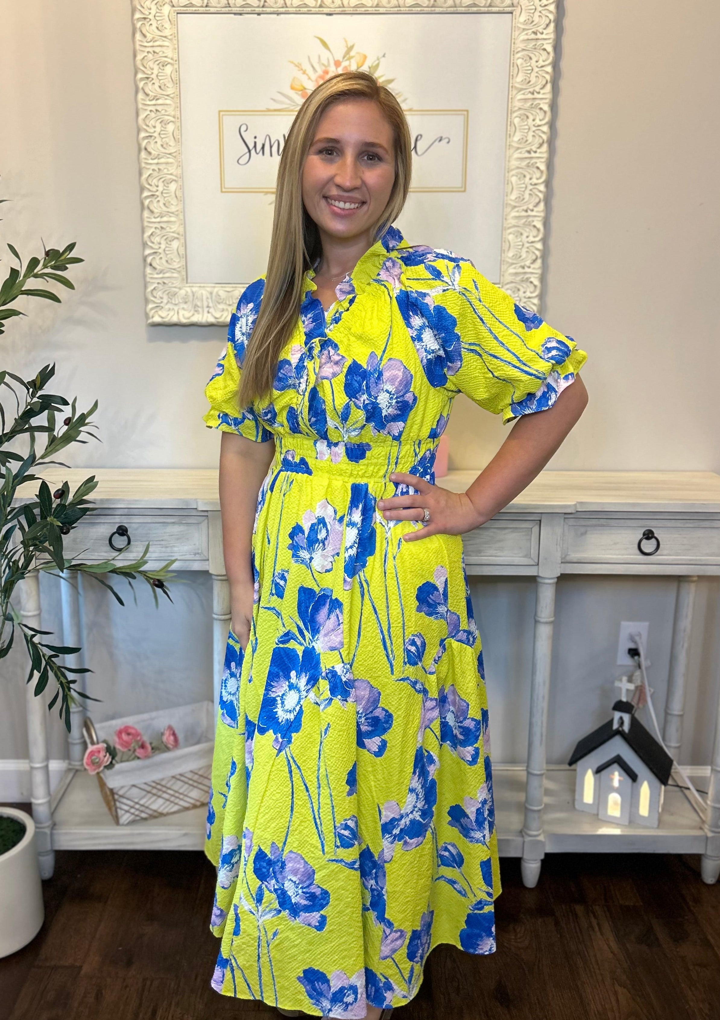 UMGEE- Floral Mixed Smocked Midi Dress-Lime