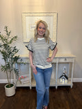 Black Stripe Scallop Lace Trim Ruffle Short Sleeves Crewneck Top