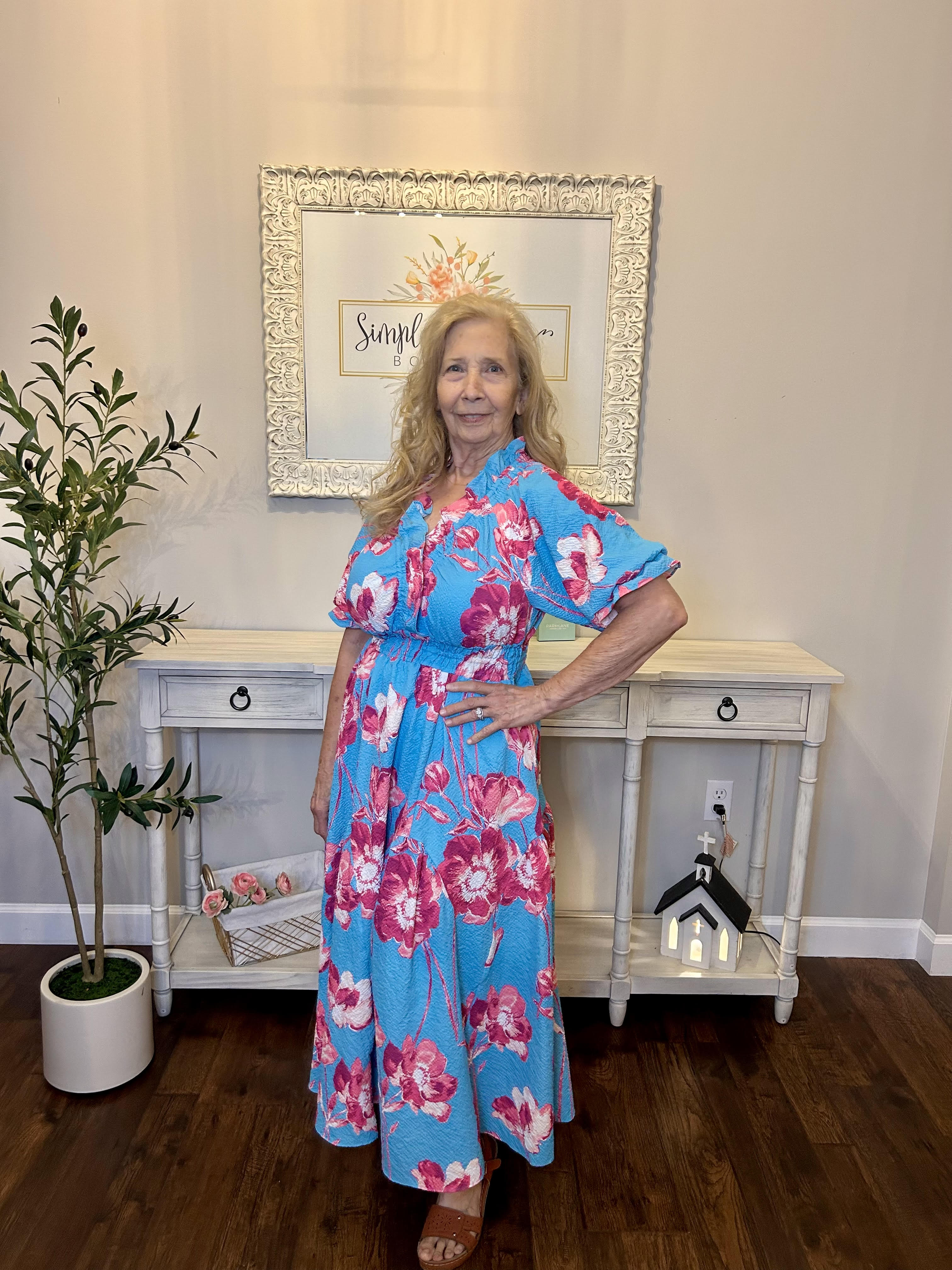 UMGEE- Floral Mixed Smocked Midi Dress