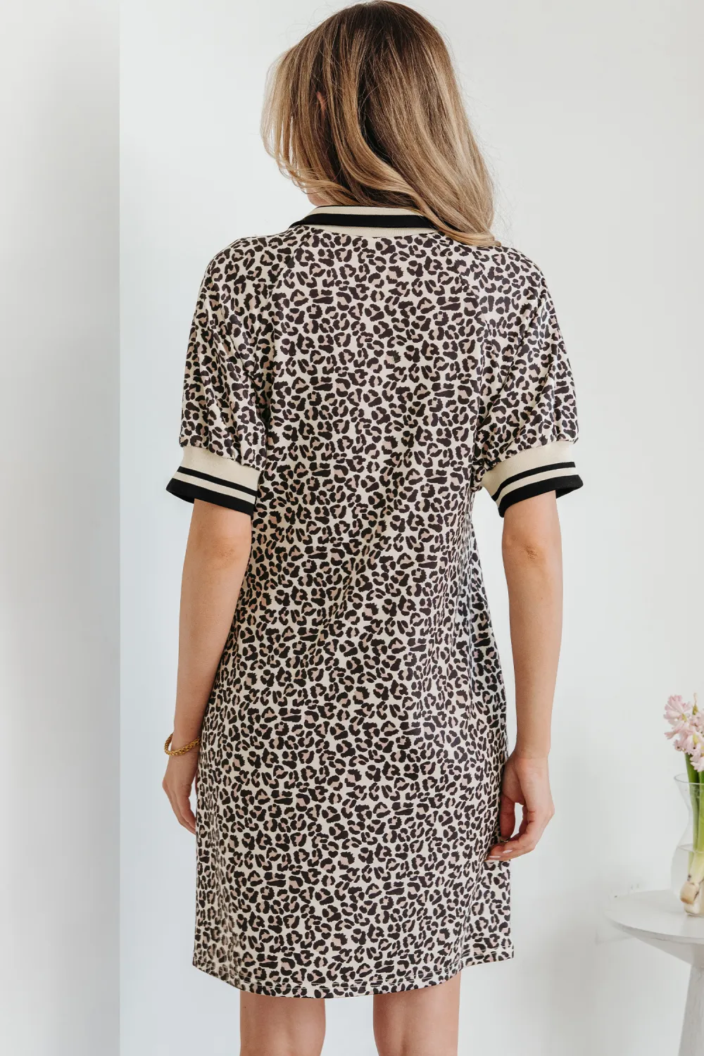 Khaki Leopard Print Zip Neck Striped Webbing Patchwork T Shirt Mini Dress (Ready to ship 5/14/26)