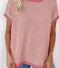 Light Pink Textured Contrast Trim Round Neck T Shirt