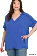 Zenana- Plus raised rib short sleeve hi-low v neck top