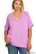 Zenana- Plus raised rib short sleeve hi-low v neck top