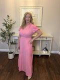 Gossamer Pink Solid Color V Neck Short Puff Sleeve High Waist