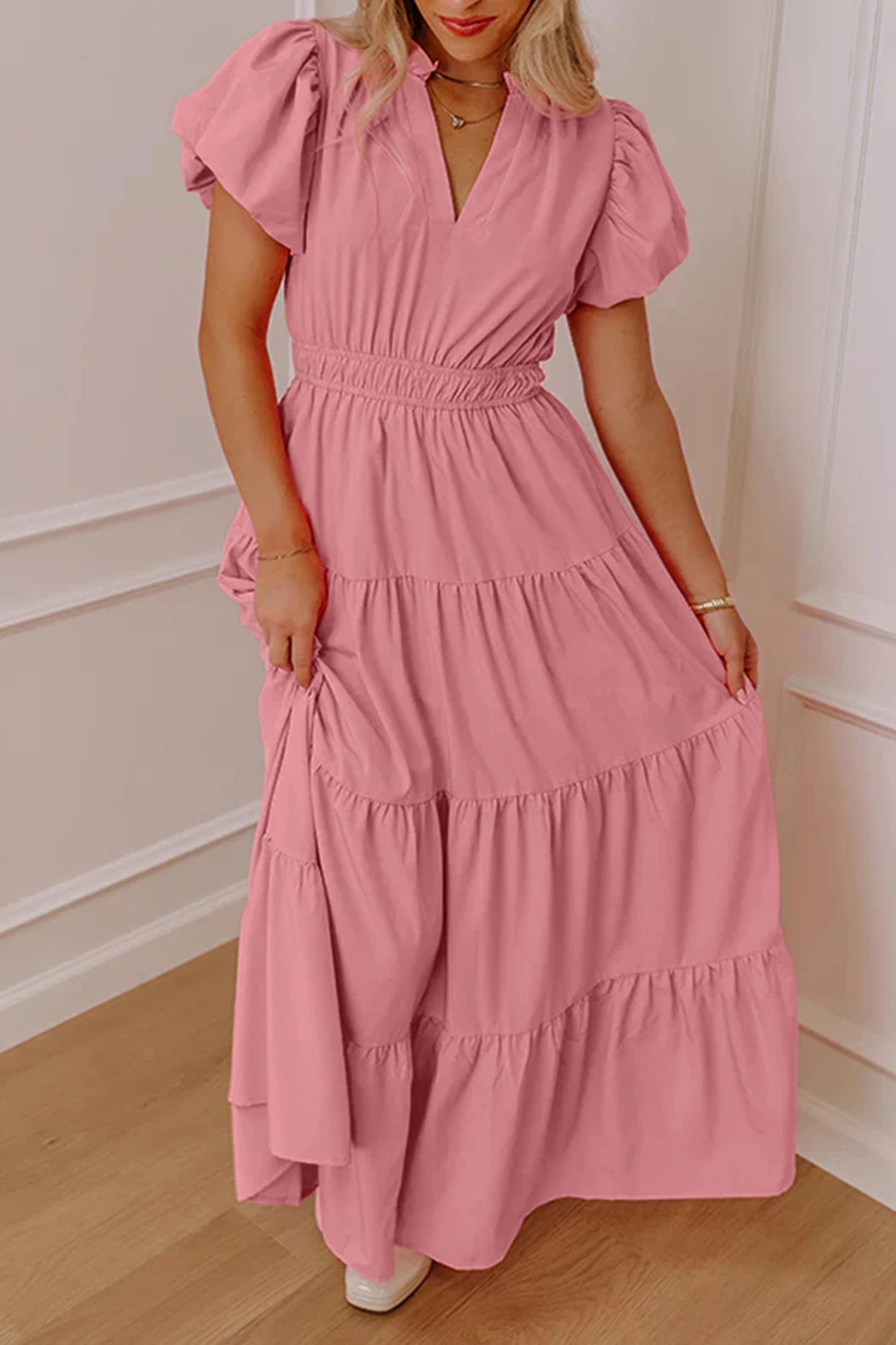 Gossamer Pink Solid Color V Neck Short Puff Sleeve High Waist