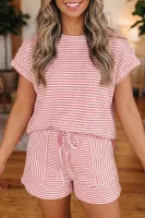 Pink Stripe Breathable Textured Knit Short 2pcs Set