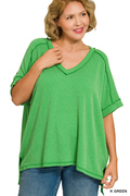 Zenana- Plus raised rib short sleeve hi-low v neck top