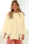 Beige Plus Size Raw Seam Detail Floral Bow Patched Baggy Pullover- Ready to ship 5/14/2026