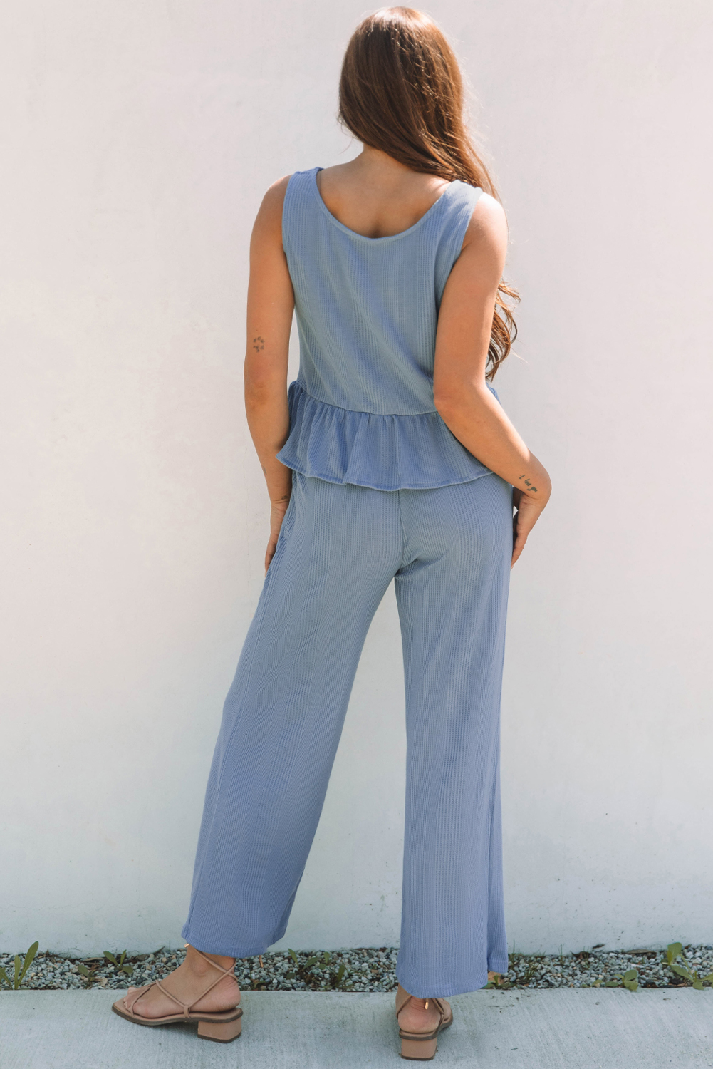 Beau Blue Solid Color Ribbed Ruffle Tank Top and Pants Set- Ready to ship 5/14/2026