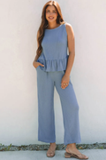 Beau Blue Solid Color Ribbed Ruffle Tank Top and Pants Set- Ready to ship 5/14/2026