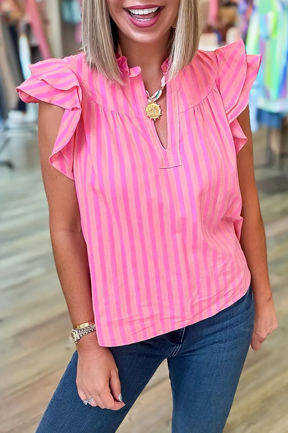 Pink Stripe Split Neck Ruffled Summer Blouse (Ready To Ship 5/14/26)