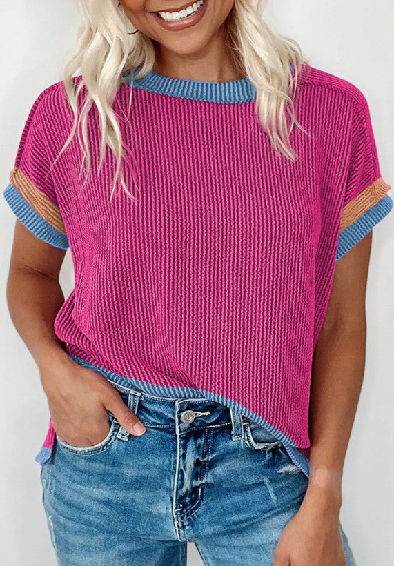 Bright Pink Textured Contrast Trim Round Neck
