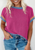 Bright Pink Textured Contrast Trim Round Neck