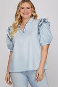 She+Sky Blue Ruffle Neck Blouse Plus
