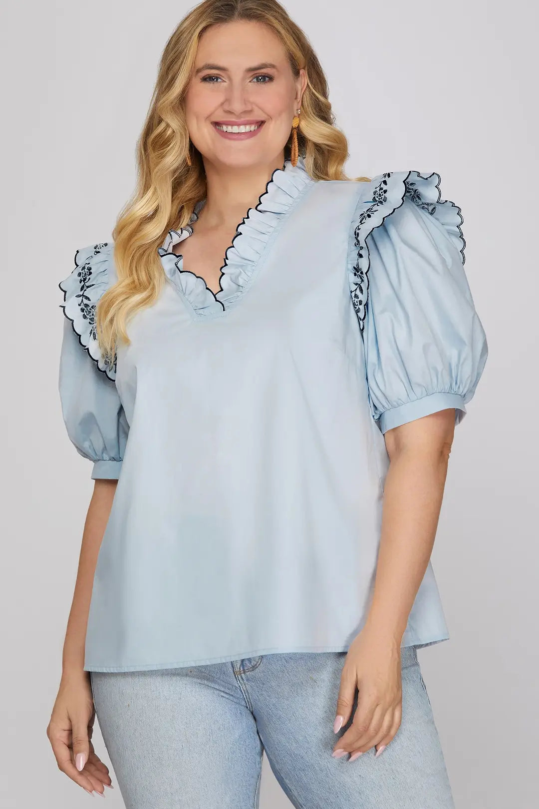 She+Sky Blue Ruffle Neck Blouse Plus
